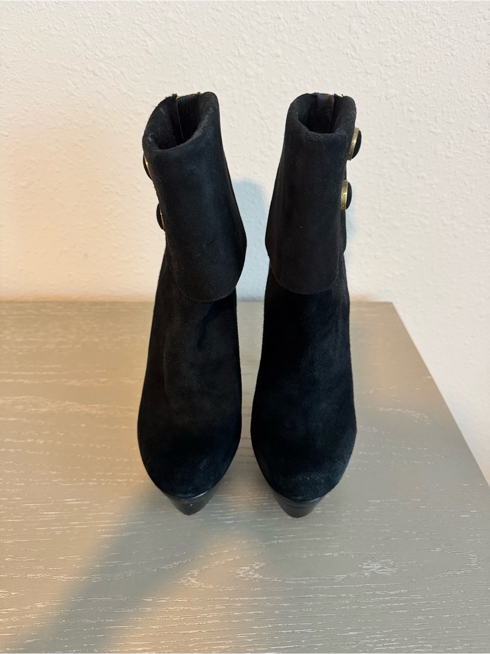 Rachel Zoe Black Suede High Heel Ankle Boots with Gold Accents - Picture 2 of 8